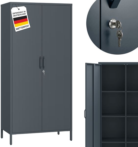 STEELSØN 'Menkent' Outdoor Metallschrank, Doppeltür mit Schloss, anthrazit, 170x80x45 cm, mit 6 Einlegeböden, 8 höhenverstellbare Fächer