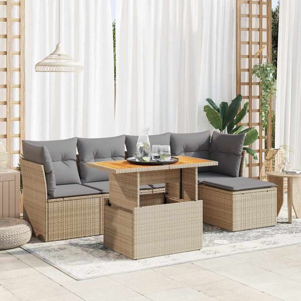 vidaXL 6-tlg. Garten-Sofagarnitur mit Kissen Beige Poly Rattan 3326915