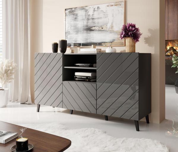 Domando Sideboard Friuli Modern Breite 150cm, modern gefräste Fronten in Graphit Matt und Graphit Hochglanz