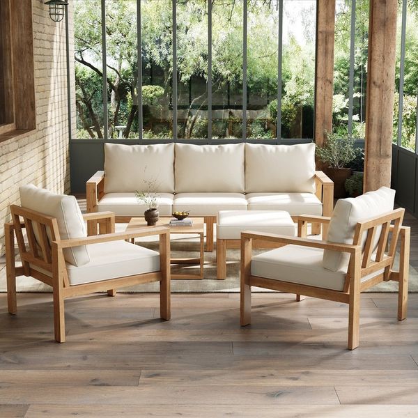 HAUSS SPOLE Gartenlounge-Set 4-6 Personen klassisch,Outdoor-Sitzgruppe Gartenmöbel Set Loungegruppe, (Terrassenset Tisch-Stuhl-Set mit Rahmen aus Akazienholz, mit Couchtisch und Fußhocker), Klassisches Design mit klaren Linien