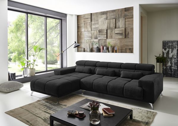 Wohnlandschaft >Starlett< elektr. Sitztiefenverstellung, 3 Kissen, schwarz - 285x99x201 (BxHxT)
