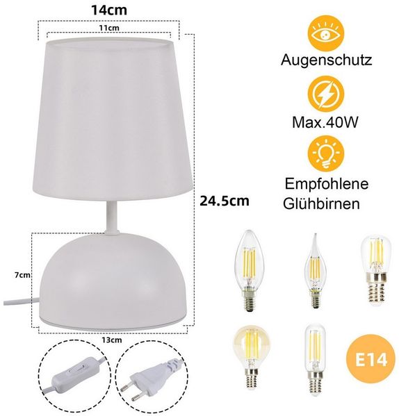 ZMH Tischleuchte Nachttischlampe Wohnzimmer 2ER Set mit Kabel Stoff Schreibtischlampe, Einfache Installation, ohne Leuchtmittel, E14 Bettlampe Design Klein Tisch Fenster Hotel Höhe 24.5cm Bild 3