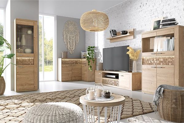 Lomadox Wohnzimmer-Set NUSCO-161, (Mega-Spar-Set, 5-St, Vitrine Eckkommode TV-Lowboard Wandboard Highboard), Eiche Nb, 5-teilig
