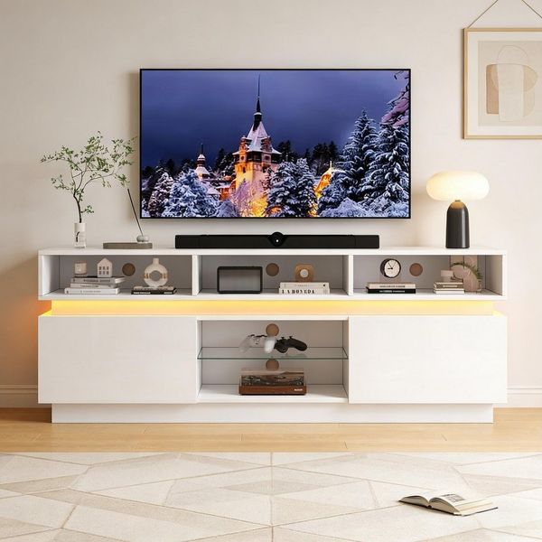 KLAM HOME Lowboard Weißer TV Lowboard 160cm mit LED & Glasablage (Hochglanz TV-Schrank für 60 Zoll mit 10 Fächern), Wohnzimmer TV-Ständer 160×35×60cm aus MDF