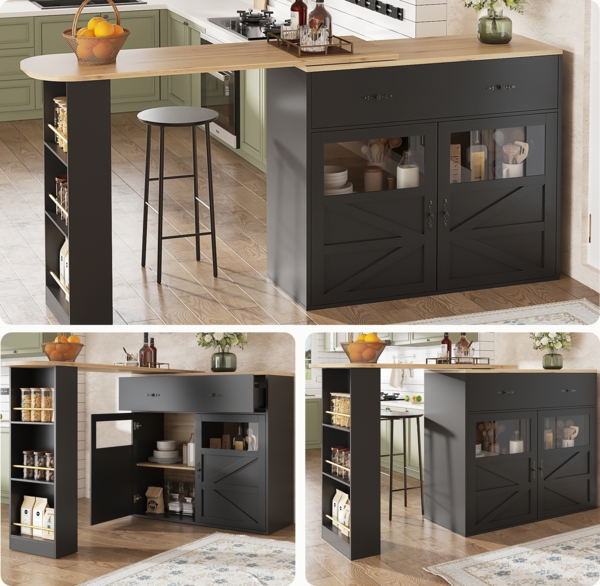 Bartisch, Ausziehbarer Hochtisch mit Stauraum 360° drehbar moderner Bar Table mit Regalen, MDF+Metall, Schwarz, 138-204x39x104cm