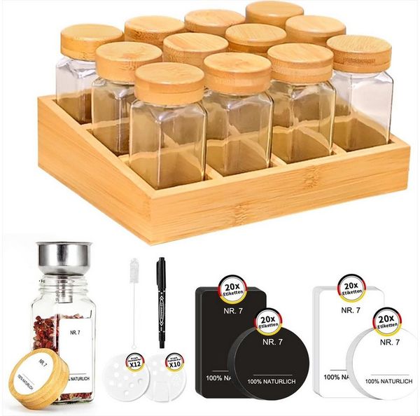 KingLux Gewürzregal Gewürzregal Holz mit 12 Bambusfächern,Gewürzgläser Drawer Organizer, 1-tlg.