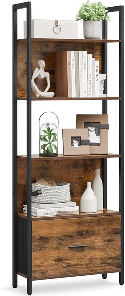 VASAGLE Bücherregal mit 5 Ebenen, Eckregal mit Schublade, Leiterregal, Industrial-Design, mit Stahlrahmen, für Wohnzimmer, Home Office, Schlafzimmer, 24 x 60 x 165 cm, vintagebraun-schwarz