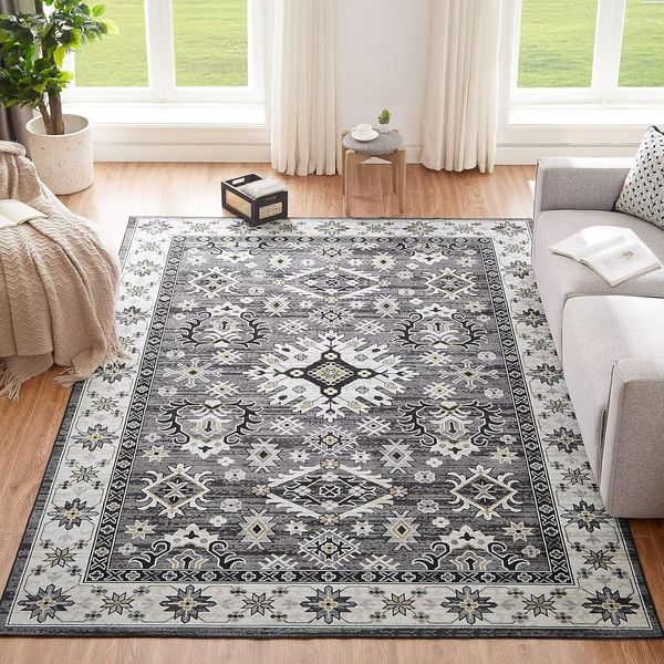 Waschbarer Vintage Teppich 120x170CM Schlafzimmer Groß Weich Rutschfest Grau