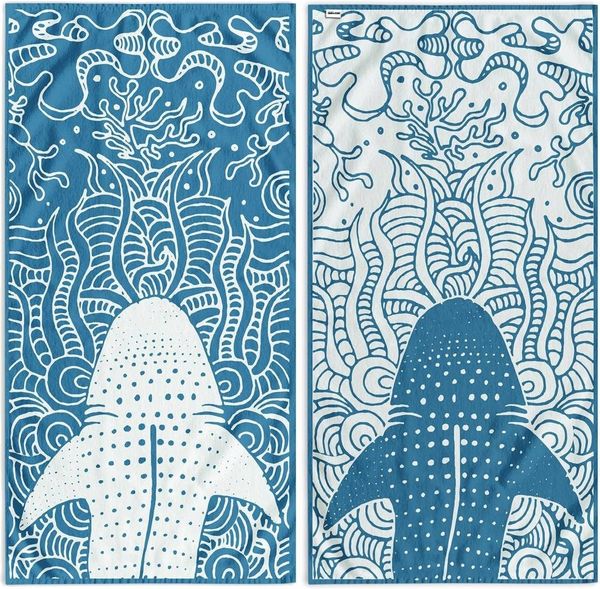 DecoKing Strandtuch groß 90x180 cm Baumwolle Frottee Velours Badetuch dunkelblau Marineblau weiß Shark