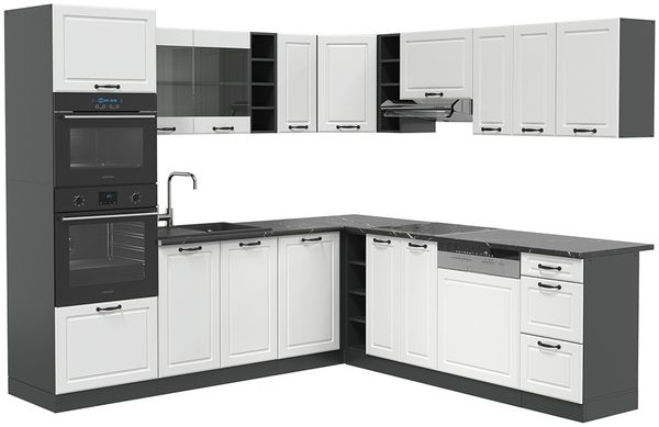 Eckküche R-Line Weiß Landhaus/Anthrazit 247 x 237 cm ohne Arbeitsplatte Vicco