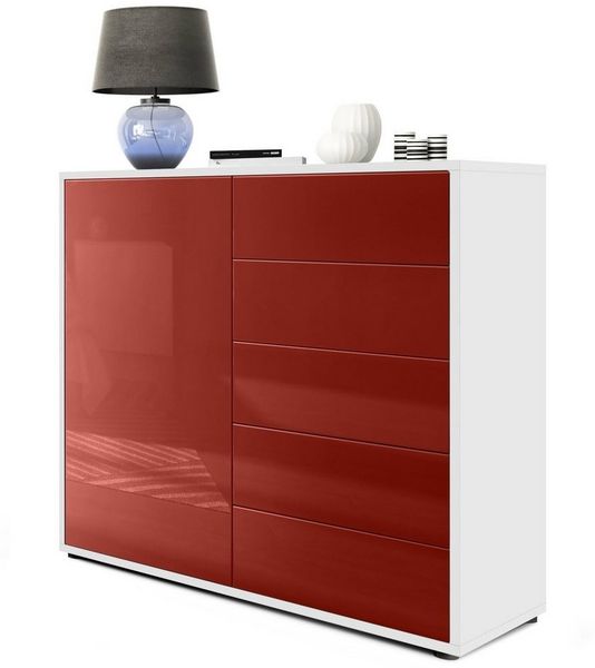Vladon Sideboard Ben V2, Kommode mit 1 Tür und 5 Schubladen, Weiß matt/Bordeaux Hochglanz (79 x 74 x 36 cm)