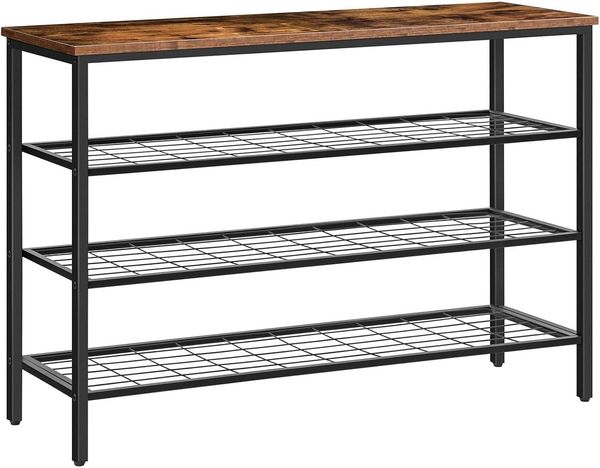 Hoobro Schuhregal, Metall Schuhablage 100x30x68 cm, Industrielles Regal mit Holzplatte, Flur Organizer