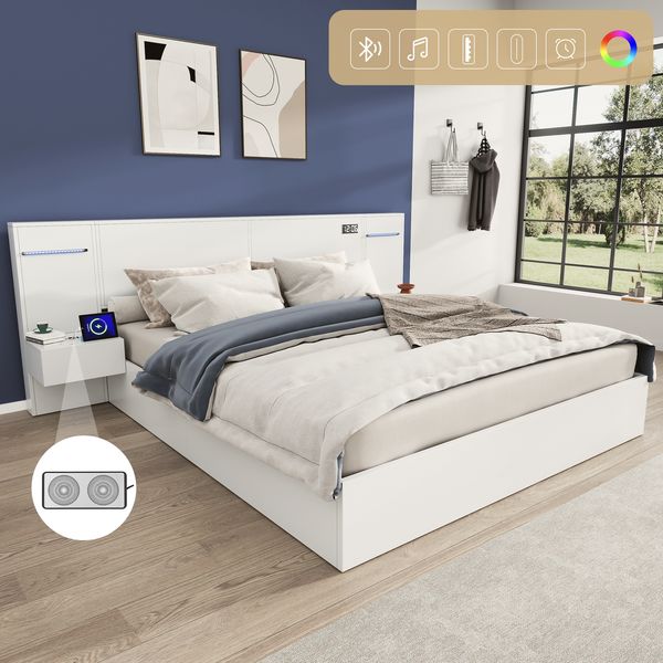 Doppelbett 160*200cm, Holzbett, mit USB-Anschluss, elektronischer Uhr, Bluetooth-Lautsprecher, Farblichtleiste, integrierter Matratze, 2 Nachttischen (ohne Schubladen), Matratze nicht enthalten, weiß