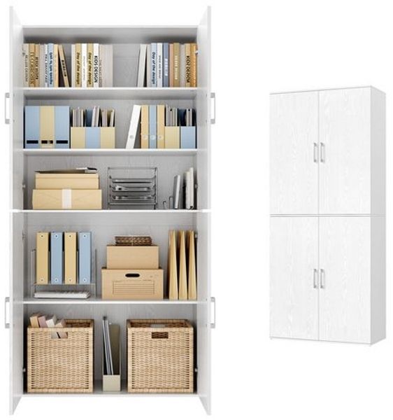 VASAGLE Aktenschrank mit 4 Türen, Kleiderschrank, 5 Ablagen, für Büro, Holzspanplatte, mit Griffen, 80 x 40 x 180 cm, weiß
