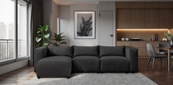 Ecksofa Designersofa NEVIO in Stoff Lincoln Schwarz Ottomane Links