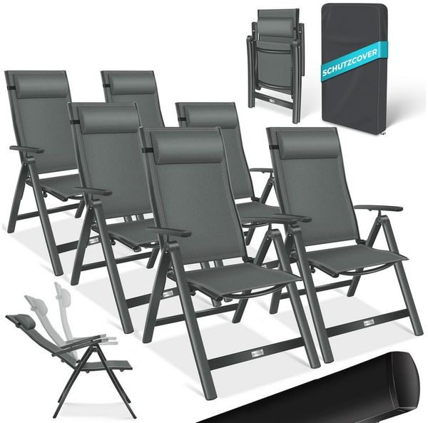KESSER® Gartenstuhl Hochlehner mit Armlehnen | Aluminium Klappstuhl inkl. Kopfkissen Campingstuhl 7-Fach Verstellbar Rückenlehne | Atmungsaktiv & Wetterfest | Klappbar & Anti-Rutsch Anthrazit, 6 Stück