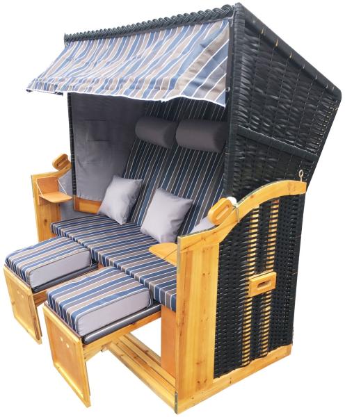 BRAST Strandkorb Ostsee 3-Sitzer 165cm breit Braun Blau gestreift XXL Volllieger inkl. Schutzhülle Gartenliege Sonneninsel Poly-Rattan