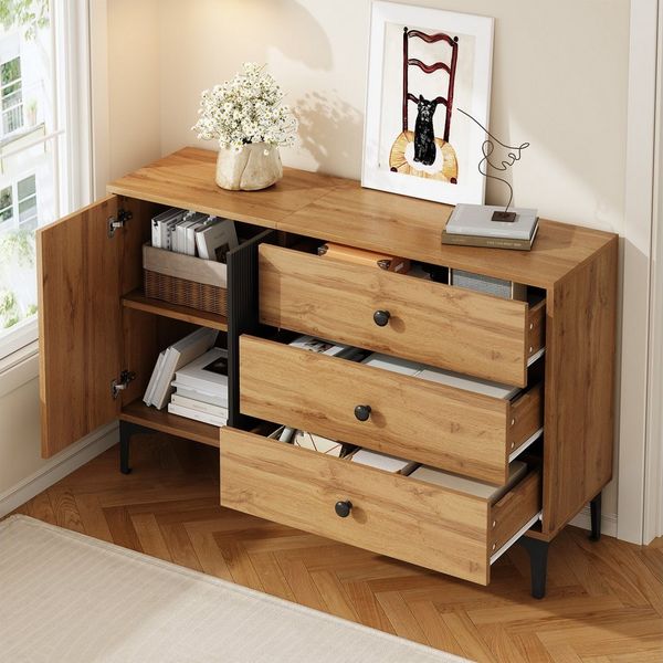 Merax Sideboard in Holzoptik mit schwarzen Streifen (1 St), Schrank Kommode Anrichte mit Tür,3 Schubladen & Metallfüße,120x35x76cm