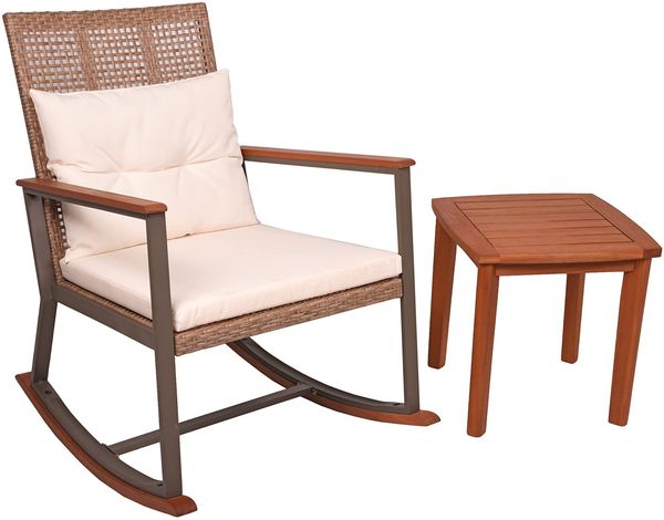 Outdoor-Schaukelstuhl MAINZ mit Beistelltisch Hellbraun Eukalyptus | Gartenstuhl Relaxsessel Garten Balkon Outdoor