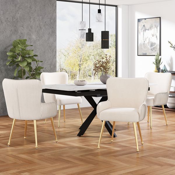 Esszimmerstuhl mit Armlehnen H 83 x T 57 x B 53 cm, Samtbezug Beige/Gold mit Metallfüßen,6er-Set