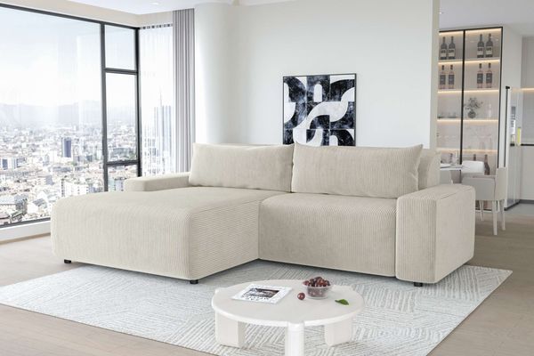 99rooms Tivoli Ecksofa Cordstoff POSO Greige Links mit Kissen