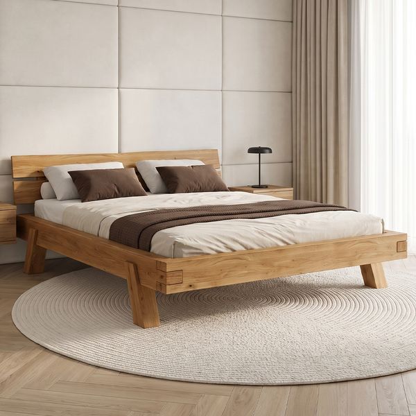 skølm 'Hervar' Bett 180x200 cm, hochwertiges Bettgestell aus massiver Eiche, Bettkopf 2 Streben, Massivholzbett lackiert, mit Holzfüßen, geeignet als Doppelbett