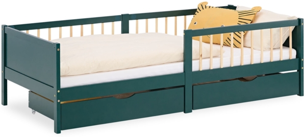 Kinderbett 90x200 cm mit 2 Bettkästen Rausfallschutz Grün Holzbett Einzelbett Gitterbett Massiv Holzbettrahmen