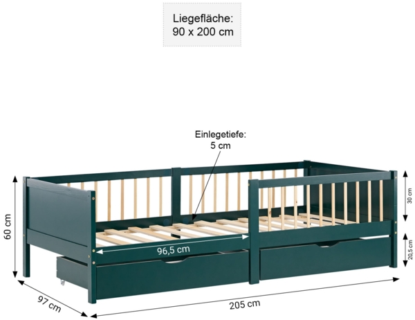Kinderbett 90x200 cm mit 2 Bettkästen Rausfallschutz Grün Holzbett Einzelbett Gitterbett Massiv Holzbettrahmen Bild 3