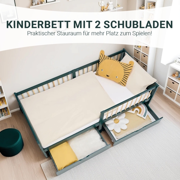 Kinderbett 90x200 cm mit 2 Bettkästen Rausfallschutz Grün Holzbett Einzelbett Gitterbett Massiv Holzbettrahmen Bild 5