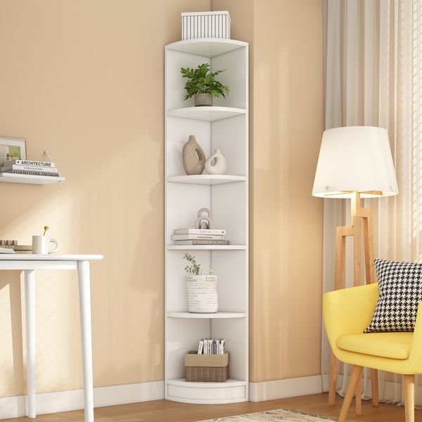 Weißes Eckbücherregal, 5 Ebenen, 42x30x180 cm