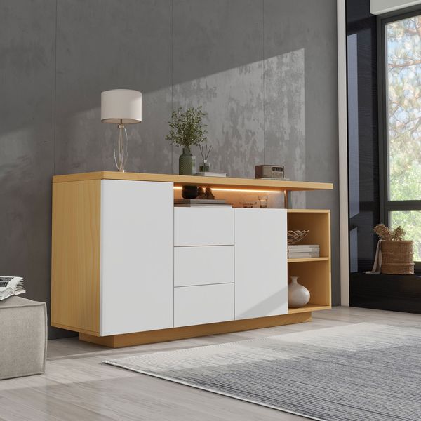 Sideboard, multifunktional mit LED-Beleuchtung, 2 Türen, 3 Schubladen, 2 offene Fächer, modern, MDF, Weiß+Holzoptik, Länge 140 cm