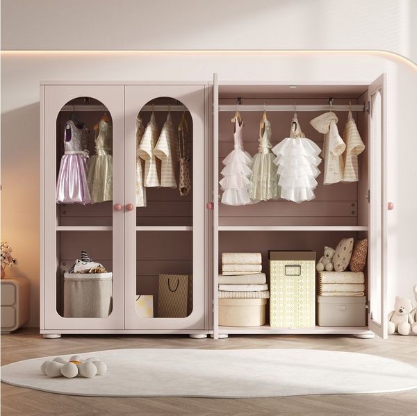 Odikalo Kleiderschrank Kinderkleiderschrank Drehtürenschrank mit Kleiderstange (Acryl-Transparenttüren, Keramikgriffen, 80×50×120 cm)