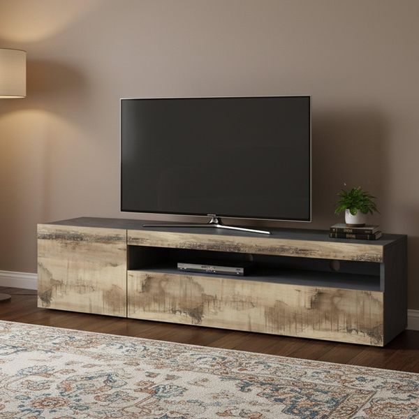 Dmora - TV-Schrank Claudio, niedriges Wohnzimmer-Sideboard, Fernsehständer-Basis, 100 % Made in Italy, 150 x 40 x 37 cm, Schiefer und Ahorn, mit LED-Licht