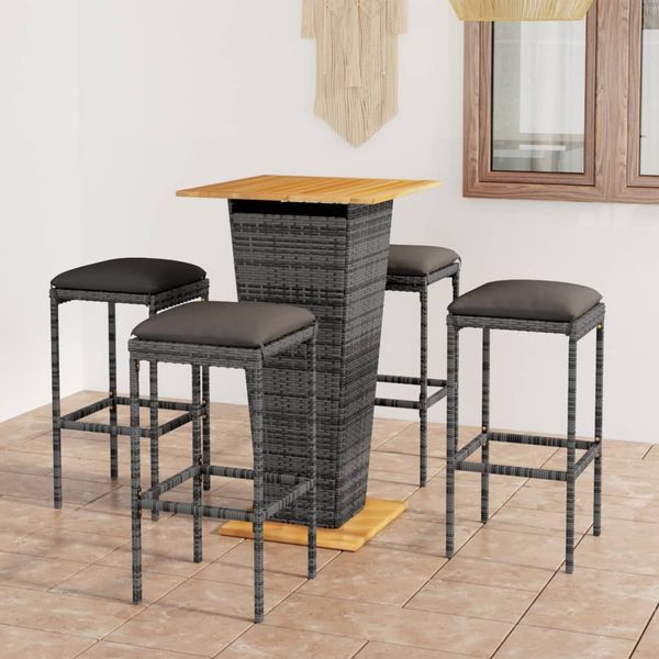 vidaXL 5-tlg. Gartenbar-Set mit Kissen Poly Rattan Grau 3064851