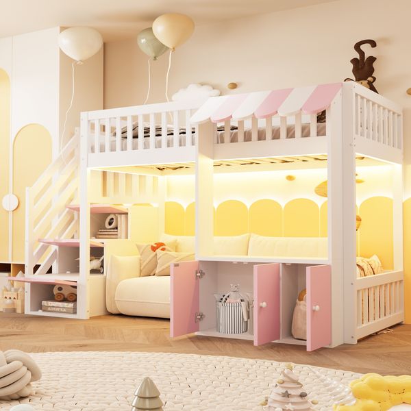 Merax Hochbett 90×200 cm, Einzelbett, Kinderbett, mit Stauraumschrank, Stauraumtreppe, mehrfarbiger LED-Lichtleiste, Traufendesign, Rosa