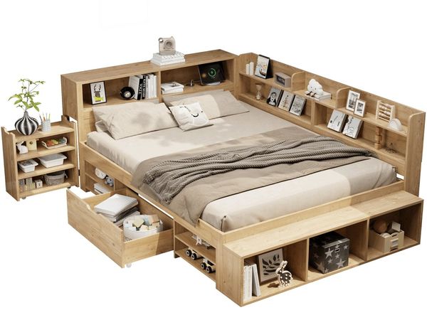 SeedWave Holzbett Tagesbett mit USB- / Kabelloser-Ladefunktion, Nachttisch, 90/140×200cm, Stauraumbett mit 1× Rollenschublade, Staufächern
