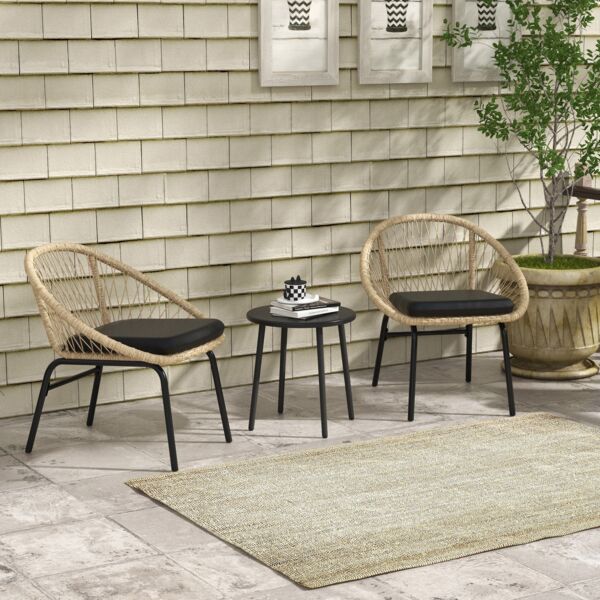 Flieks Gartenmöbel Set 3-tlg mit 2 Stühlen, Couchtisch & Kissen, Outdoor Balkonmöbel Set für 2 Personen, Rattan, Hellbraun