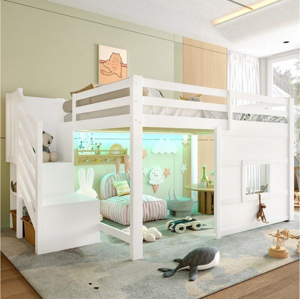 Flieks Hochbett Fenster-Form Kinderbett Holzbett 140x200cm mit LED und Stauraumtreppe