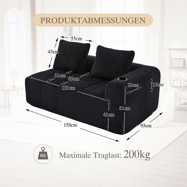 2-Sitzer Sofa, Cord mit Seitenfächern & Becherhaltern, 158x93x61 cm, Schwarz