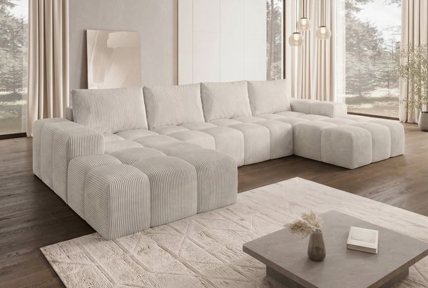 PROMETO Möbel Ecksofa Couch U-Form, Sofa U-Form Teddy-Bouclé, Web oder Cord-Stoff Cento