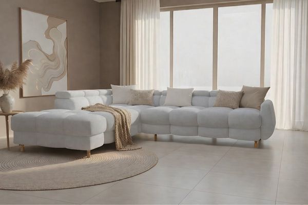 MOEBLO Ecksofa BUN aus Bouclé, mit Schlaffunktion, Bettkasten und verstellbaren Kopfstützen – modernes Polsterecksofa für Wohnzimmer, Eckcouch Wohnlandschaft Sofa mit Ottomane Eckgarnitur Polsterecke, (BxHxT): 276 x 78 x 209 cm
