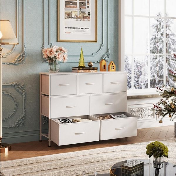 WLIVE Kommode Schubladenkommode mit 7 Stoffschubladen, (stabiler Stahlrahmen & Holzplatte), Breit 100cm, moderne Kommode für Wohnzimmer, Schlafzimmer, Flur & Büro
