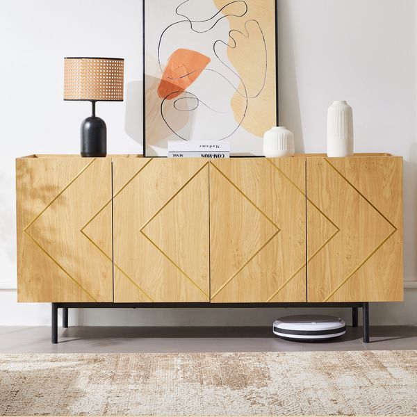 Sideboard 160 x 40 x 78 cm aus Spanplatte in Natur mit 4 Türen, Metall-Details und verstellbaren Einlegeböden