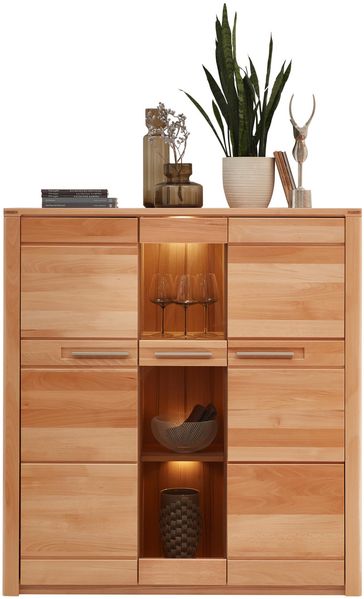 Highboard NATURE ONE Front Kernbuche massiv 3-türig - LED Beleuchtung