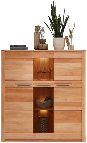 Highboard NATURE ONE Front Kernbuche massiv 3-türig - LED Beleuchtung