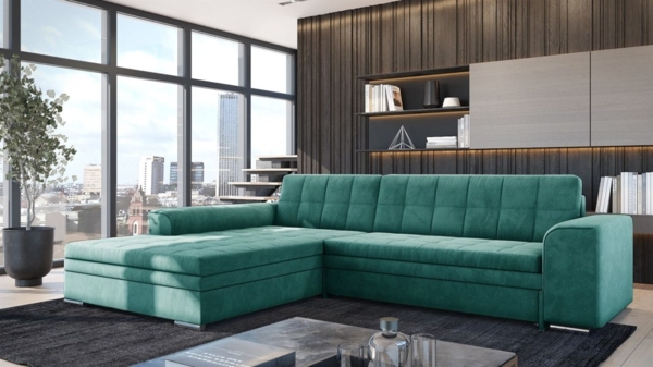 Ecksofa Schlafsofa Sofa LUSAKA in Stoff Fresh Meeresgrün Ottomane Links