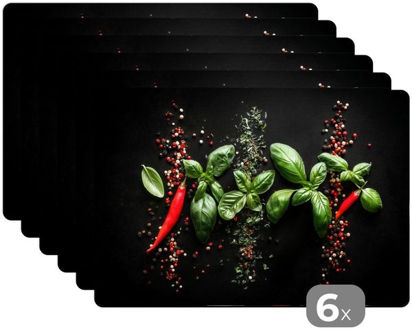 MuchoWow Platzset Chili - Basilikum - Blätter - Rot, (6-St), Platzsets, Tischset, Abwaschbar, Tischsets, Platzdeckchen