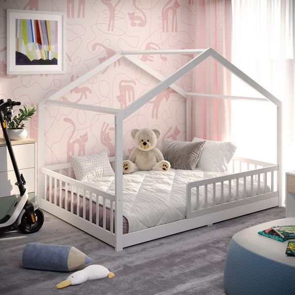 CADANI Kinderbett Malte Bodenbett Hausbett weiß (Rausfallschutz abnehmbar), Bodenbett Hausbett mit Roll-Lattenrost