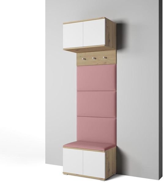 Garderoben-Set Aura Version 5: Schuhschrank mit Polsterpaneelen, Hängeschrank für Flur und Eingangsbereich (Weiß / Eiche Artisan/Trinity 23), 225cm x 40 x 70 cm
