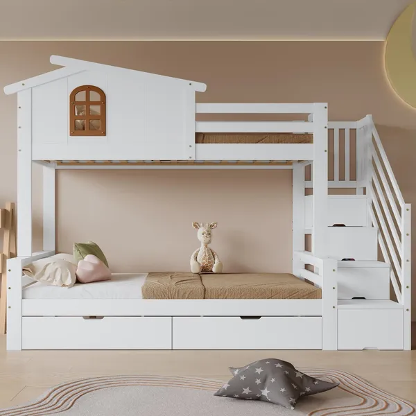 Etagenbett mit 2 Liegeflächen und Lattenrost, 90x200cm/120x200cm, Kinderbett mit Treppe und Rausfallschutz, Jugendbett, Kiefer